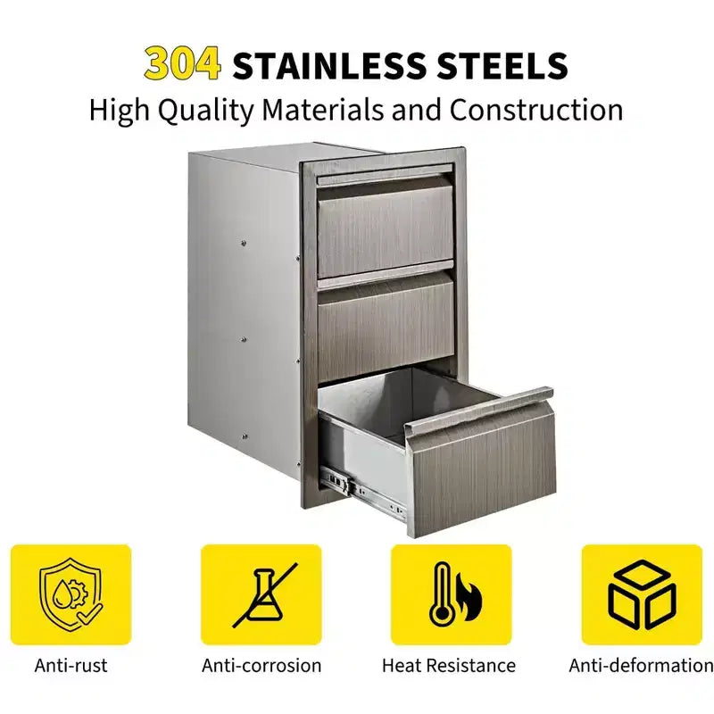 Outdoor Kitchen Drawers, 14 W x 24 H x 18 D Stainless Steel Flush Mount Triple Drawers, BBQ Drawers for Outdoor Kitchen Island