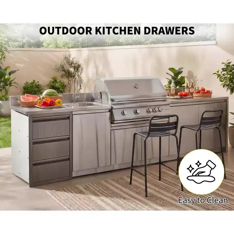Outdoor Kitchen Drawers, 14 W x 24 H x 18 D Stainless Steel Flush Mount Triple Drawers, BBQ Drawers for Outdoor Kitchen Island