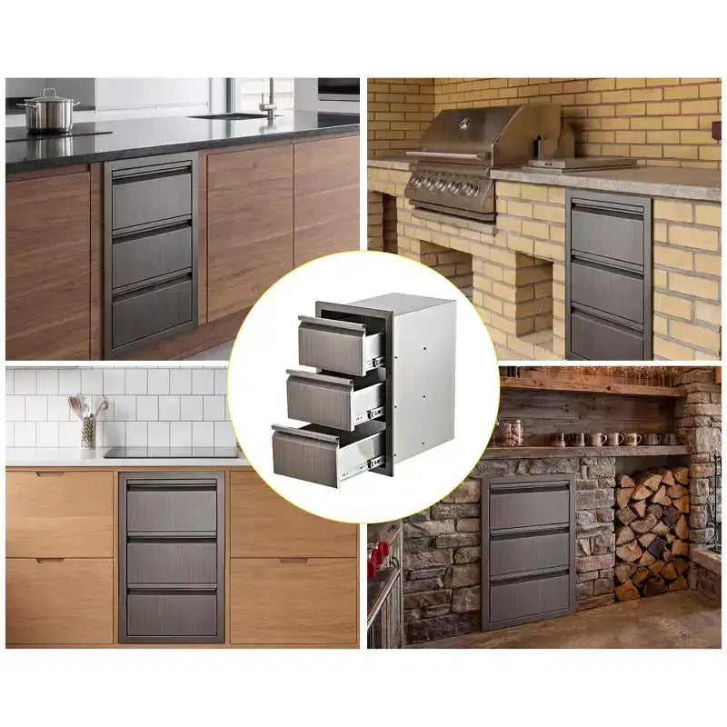 Outdoor Kitchen Drawers, 14 W x 24 H x 18 D Stainless Steel Flush Mount Triple Drawers, BBQ Drawers for Outdoor Kitchen Island