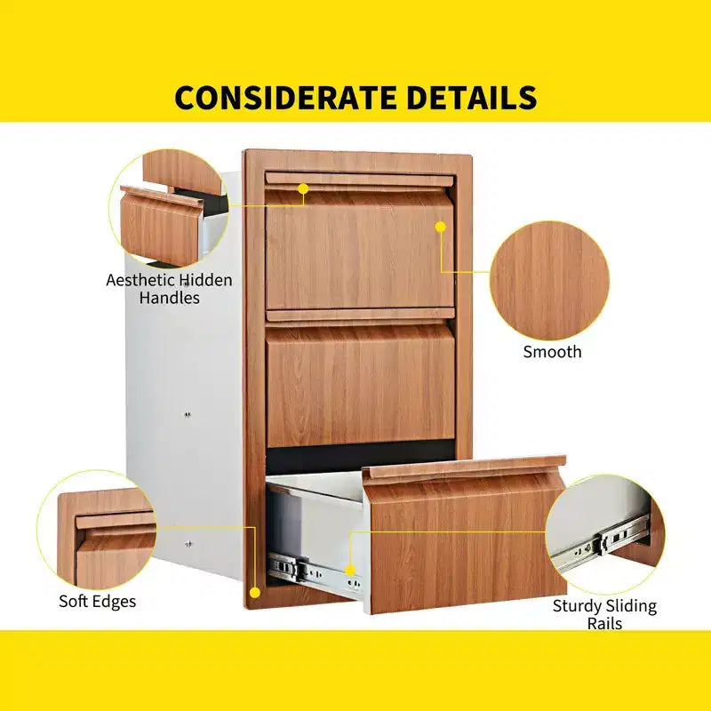 Outdoor Kitchen Drawers, 14 W x 24 H x 18 D Stainless Steel Flush Mount Triple Drawers, BBQ Drawers for Outdoor Kitchen Island