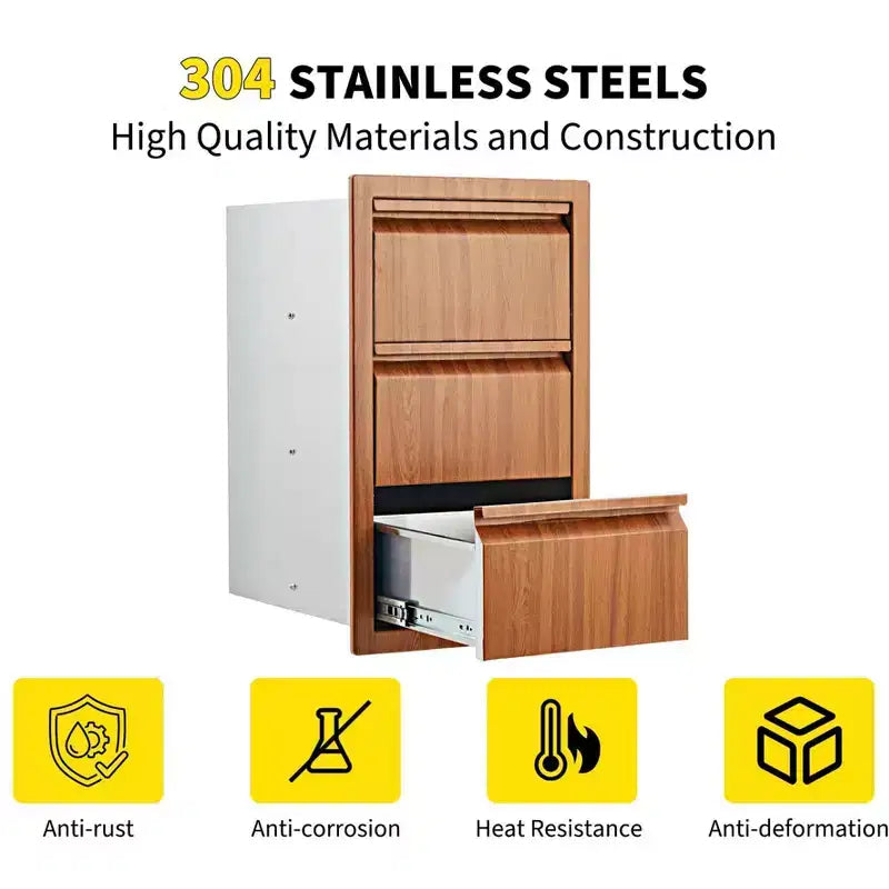 Outdoor Kitchen Drawers, 14 W x 24 H x 18 D Stainless Steel Flush Mount Triple Drawers, BBQ Drawers for Outdoor Kitchen Island
