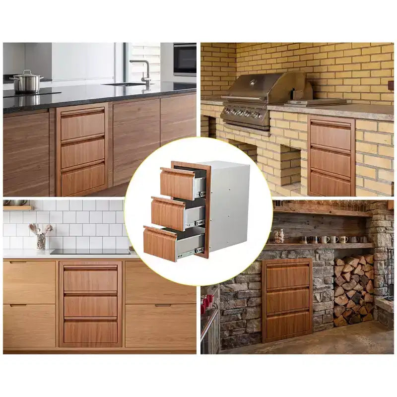Outdoor Kitchen Drawers, 14 W x 24 H x 18 D Stainless Steel Flush Mount Triple Drawers, BBQ Drawers for Outdoor Kitchen Island