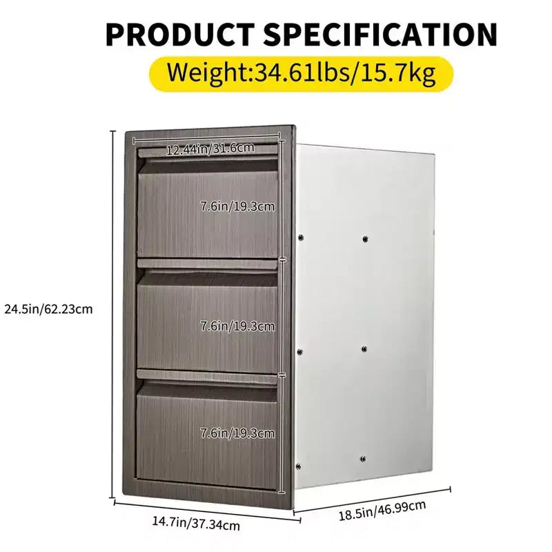 Outdoor Kitchen Drawers, 14 W x 24 H x 18 D Stainless Steel Flush Mount Triple Drawers, BBQ Drawers for Outdoor Kitchen Island
