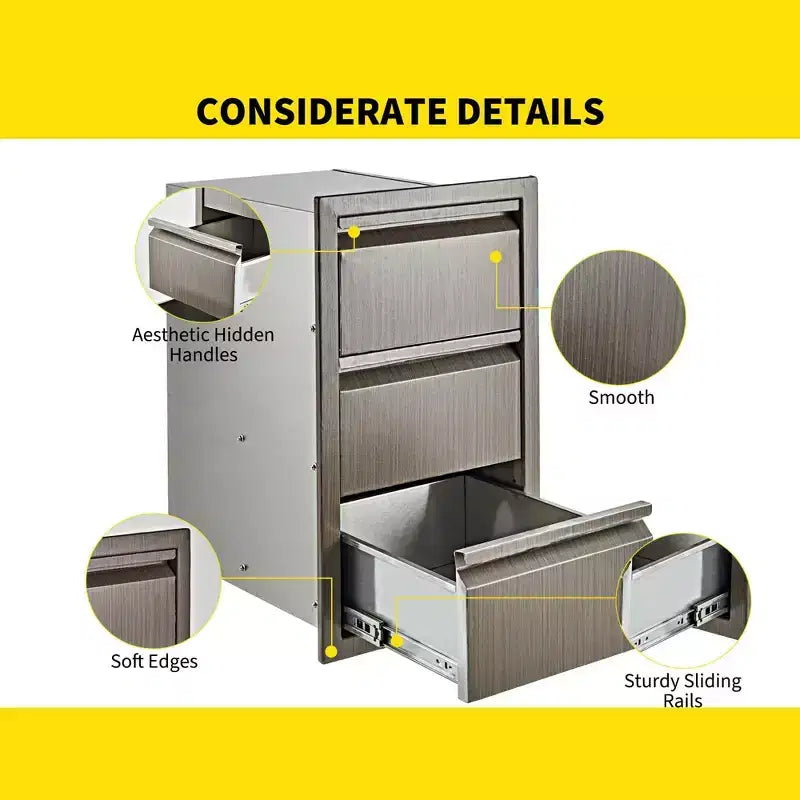 Outdoor Kitchen Drawers, 14 W x 24 H x 18 D Stainless Steel Flush Mount Triple Drawers, BBQ Drawers for Outdoor Kitchen Island