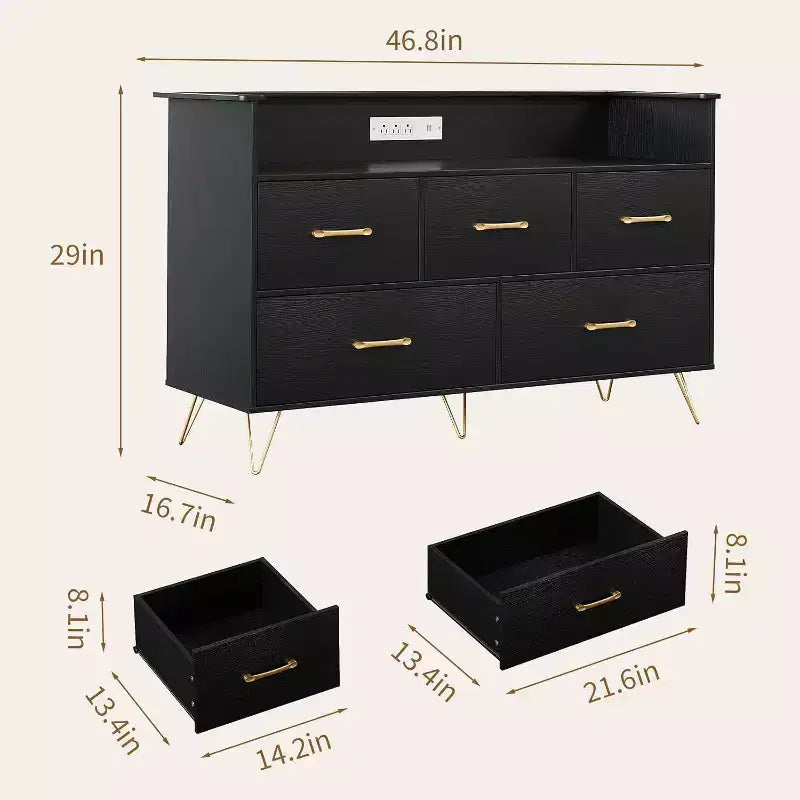 LED Dresser with Charging Station - Modern 5-Drawer 47 Wide Wooden Chest, Storage Organizer for Bedroom, Nursery, Hallway & Apartments