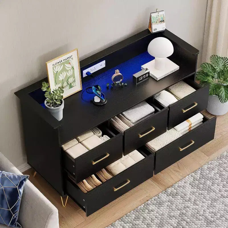 LED Dresser with Charging Station - Modern 5-Drawer 47 Wide Wooden Chest, Storage Organizer for Bedroom, Nursery, Hallway & Apartments