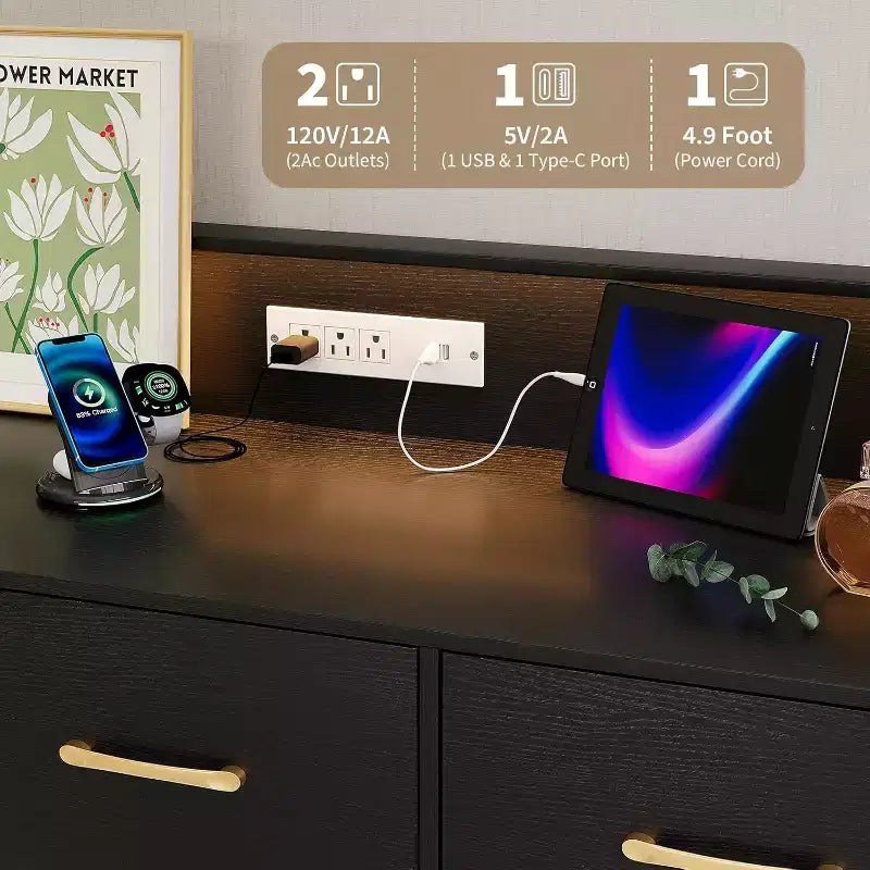LED Dresser with Charging Station - Modern 5-Drawer 47 Wide Wooden Chest, Storage Organizer for Bedroom, Nursery, Hallway & Apartments