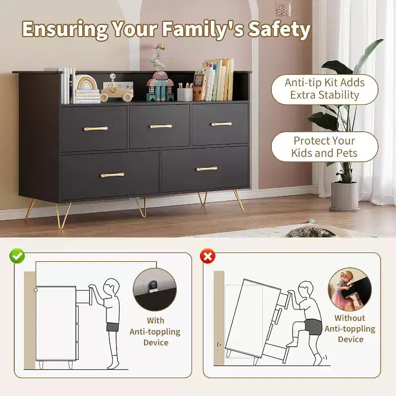 LED Dresser with Charging Station - Modern 5-Drawer 47 Wide Wooden Chest, Storage Organizer for Bedroom, Nursery, Hallway & Apartments