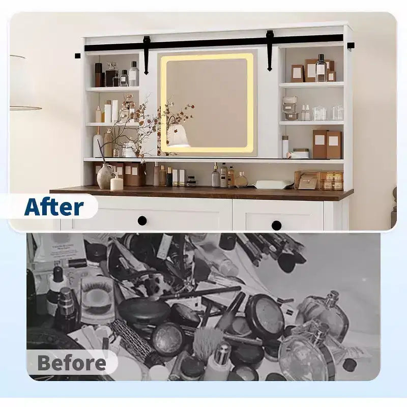 Vanity Desk with LED Lighted Mirror, Makeup Table with Charging Station, Drawers & Storage Stool, Modern White Dressing Table for Bedroom