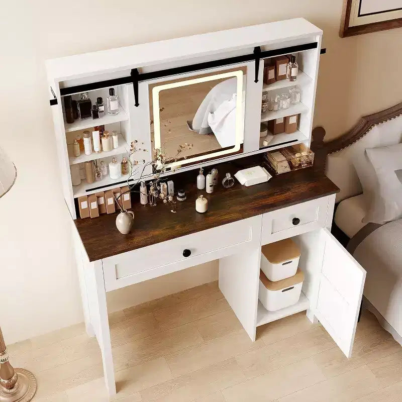 Vanity Desk with LED Lighted Mirror, Makeup Table with Charging Station, Drawers & Storage Stool, Modern White Dressing Table for Bedroom