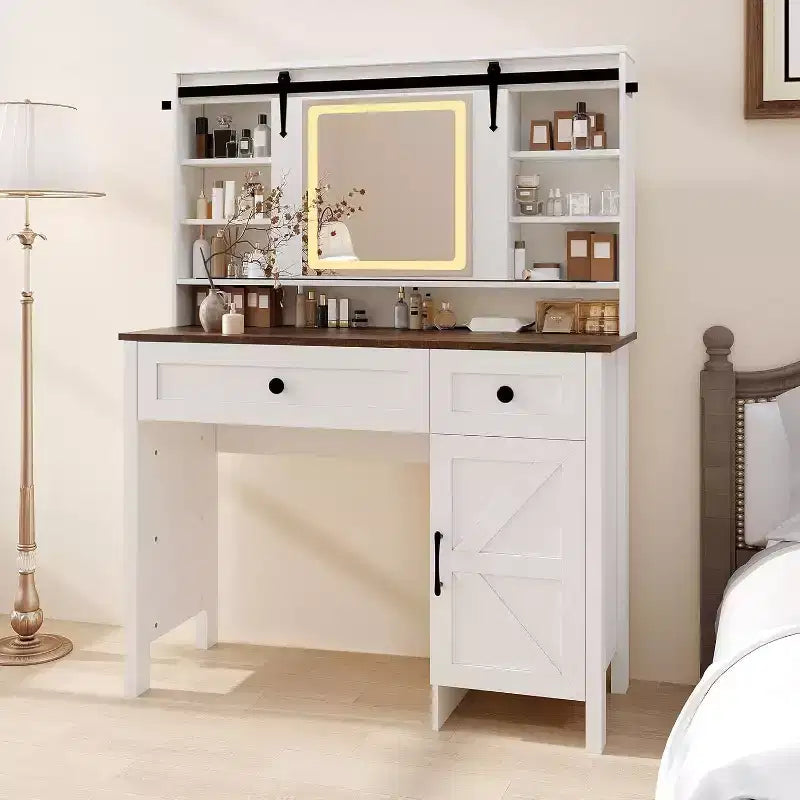 Vanity Desk with LED Lighted Mirror, Makeup Table with Charging Station, Drawers & Storage Stool, Modern White Dressing Table for Bedroom