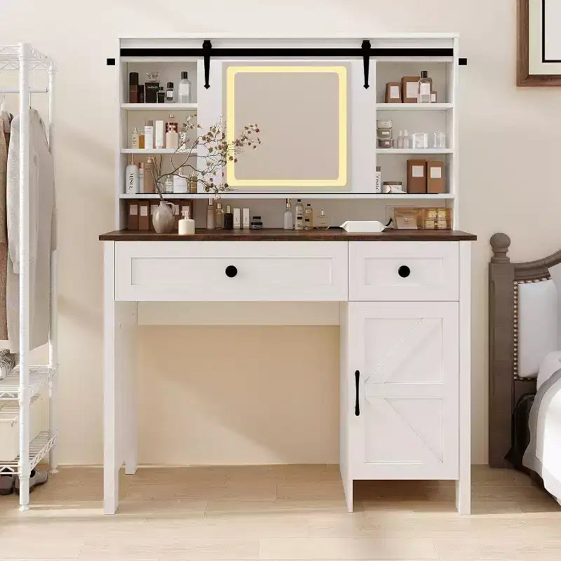 Vanity Desk with LED Lighted Mirror, Makeup Table with Charging Station, Drawers & Storage Stool, Modern White Dressing Table for Bedroom