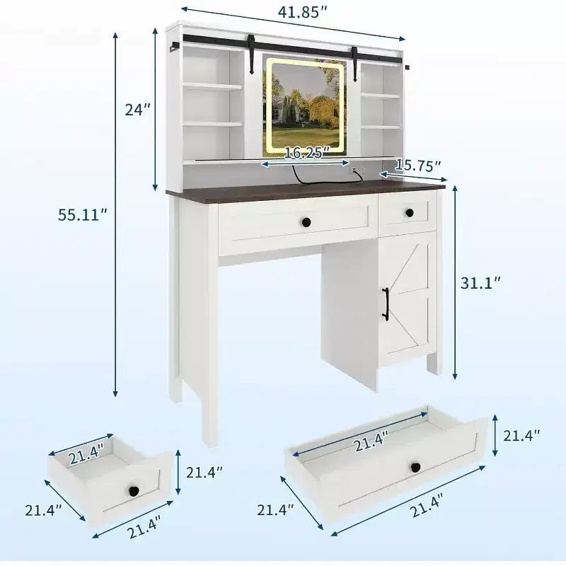 Vanity Desk with LED Lighted Mirror, Makeup Table with Charging Station, Drawers & Storage Stool, Modern White Dressing Table for Bedroom