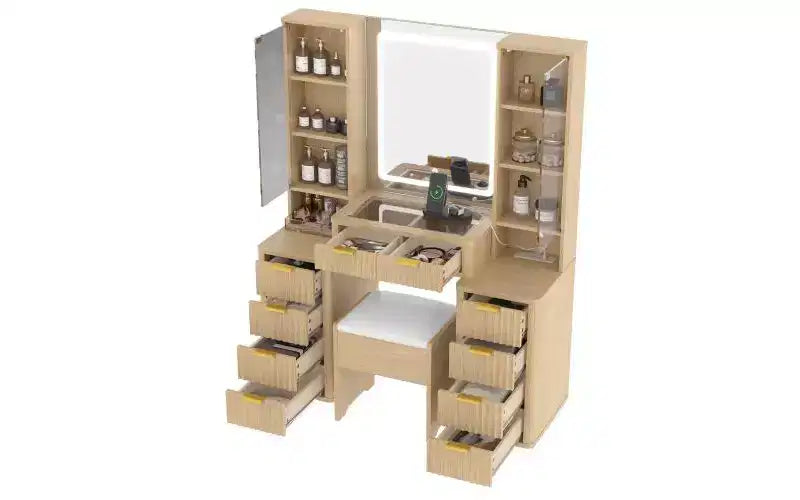 43.5-inch Modern Vanity Set with Mirror and Light, Featuring Drawers, Clear Glass Cabinet, Includes Stool and Charging Station, Oak