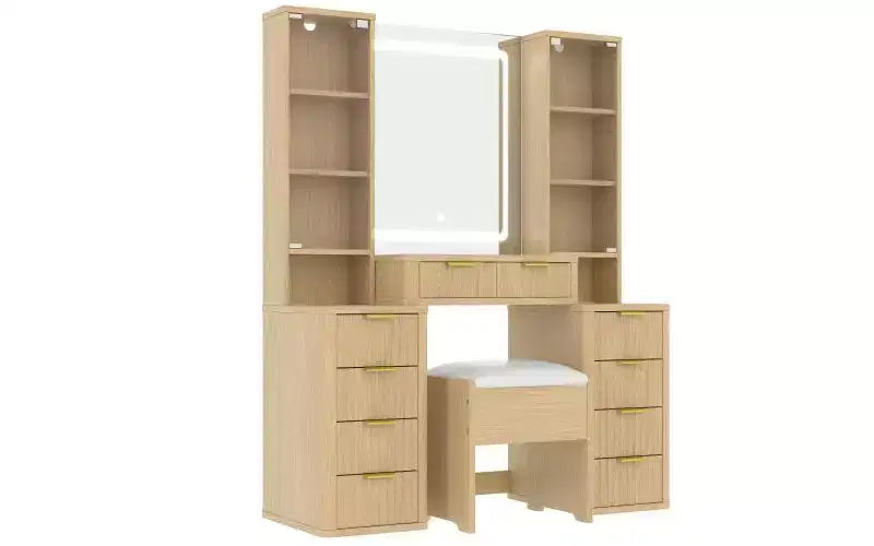 43.5-inch Modern Vanity Set with Mirror and Light, Featuring Drawers, Clear Glass Cabinet, Includes Stool and Charging Station, Oak