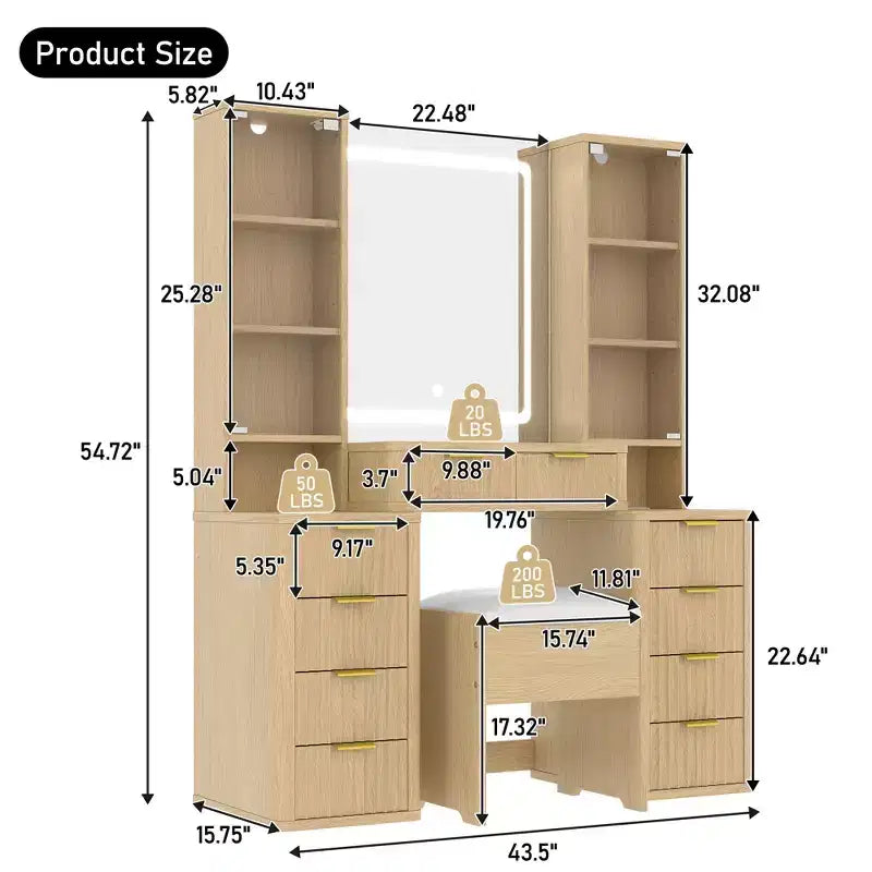 43.5-inch Modern Vanity Set with Mirror and Light, Featuring Drawers, Clear Glass Cabinet, Includes Stool and Charging Station, Oak