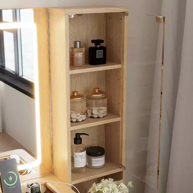 43.5-inch Modern Vanity Set with Mirror and Light, Featuring Drawers, Clear Glass Cabinet, Includes Stool and Charging Station, Oak