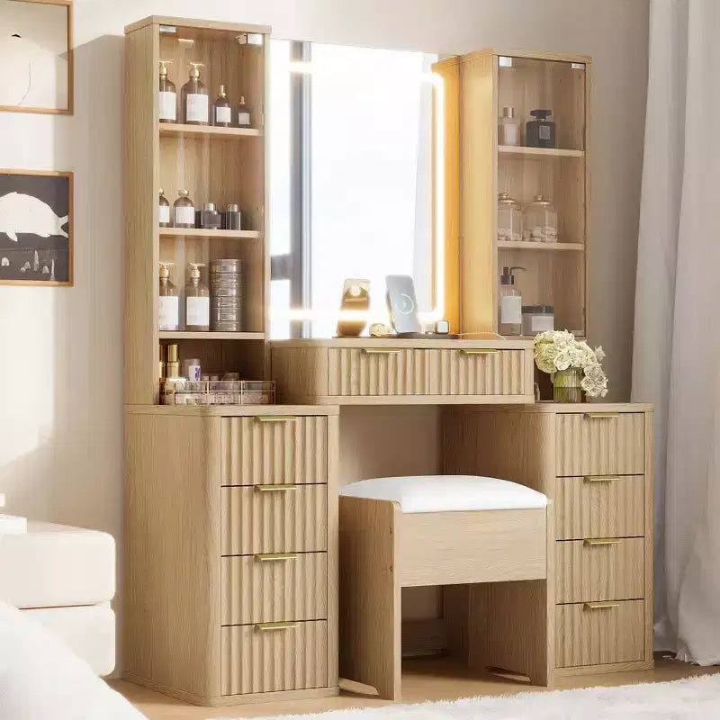 43.5-inch Modern Vanity Set with Mirror and Light, Featuring Drawers, Clear Glass Cabinet, Includes Stool and Charging Station, Oak