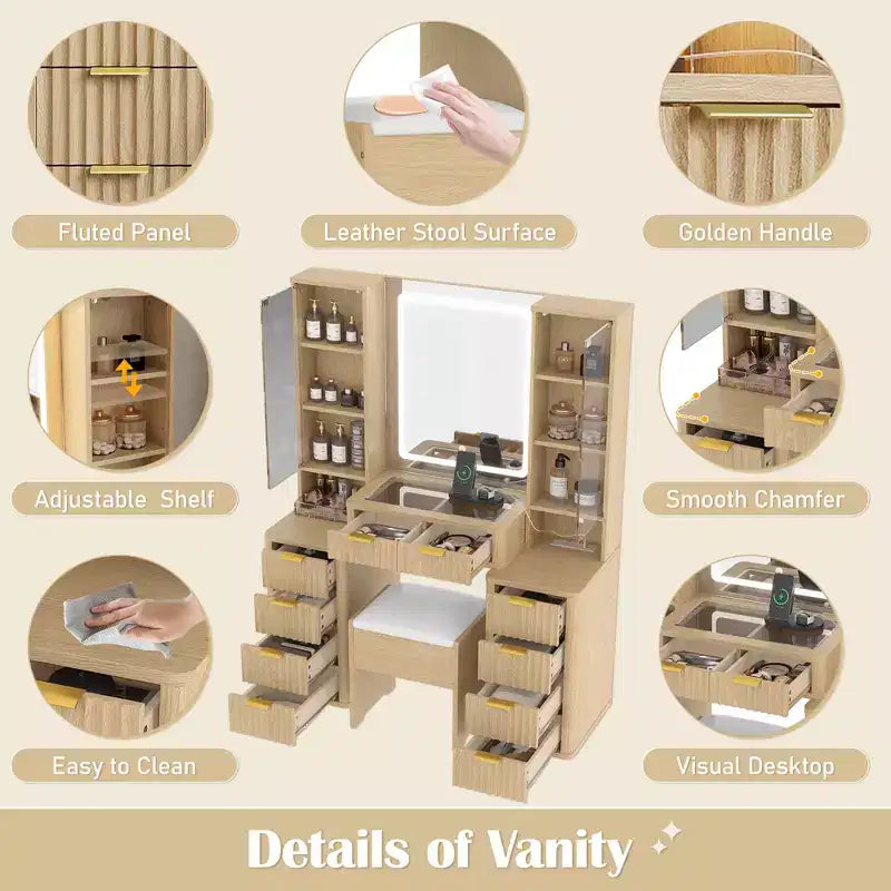 43.5-inch Modern Vanity Set with Mirror and Light, Featuring Drawers, Clear Glass Cabinet, Includes Stool and Charging Station, Oak