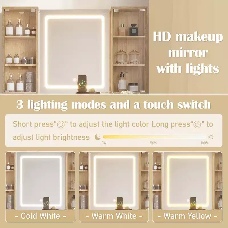 43.5-inch Modern Vanity Set with Mirror and Light, Featuring Drawers, Clear Glass Cabinet, Includes Stool and Charging Station, Oak