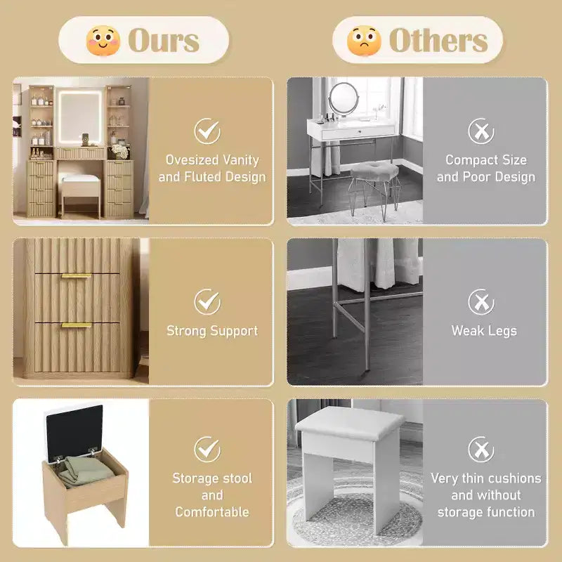 43.5-inch Modern Vanity Set with Mirror and Light, Featuring Drawers, Clear Glass Cabinet, Includes Stool and Charging Station, Oak