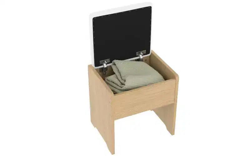 43.5-inch Modern Vanity Set with Mirror and Light, Featuring Drawers, Clear Glass Cabinet, Includes Stool and Charging Station, Oak