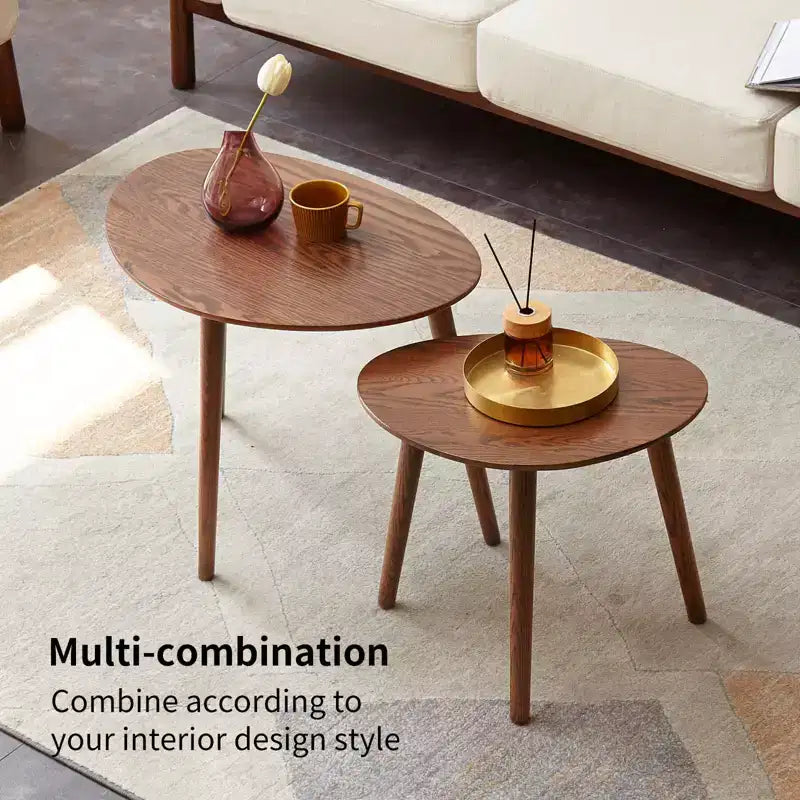 16" Solid Oak End Table, Pebble-Shaped Mid-Century Modern Low Table, Formaldehyde-Free for Living Room/Office (Walnut)