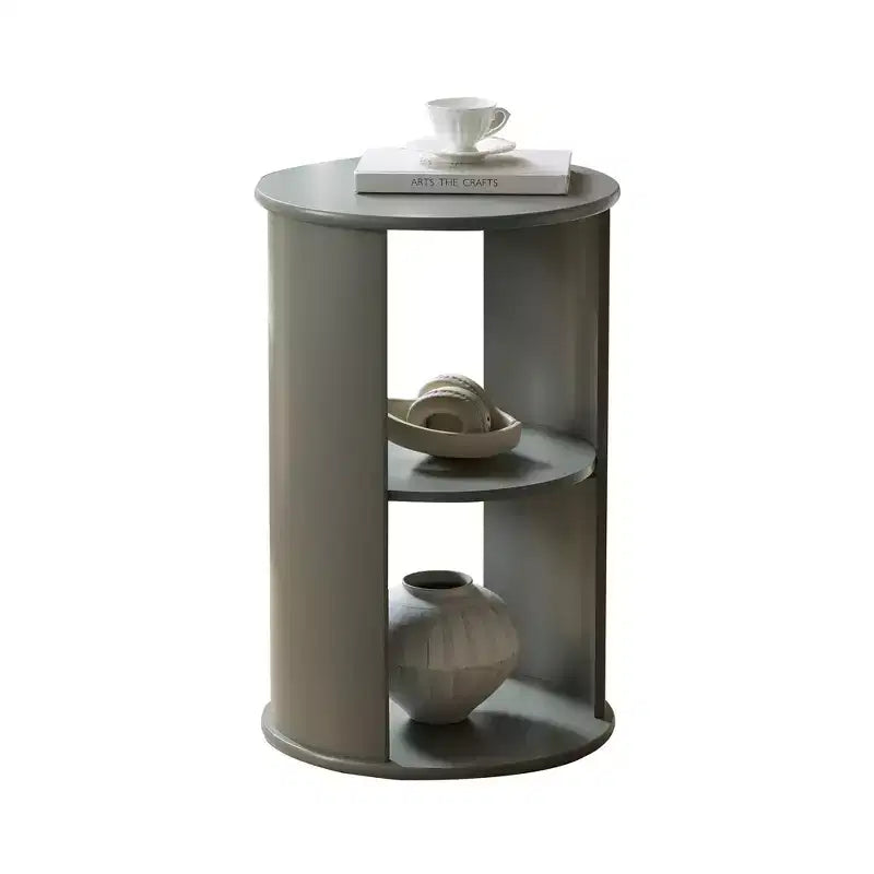 Round Side Table with Open Storage Shelves, Contemporary Wood Accent Table for Living Room