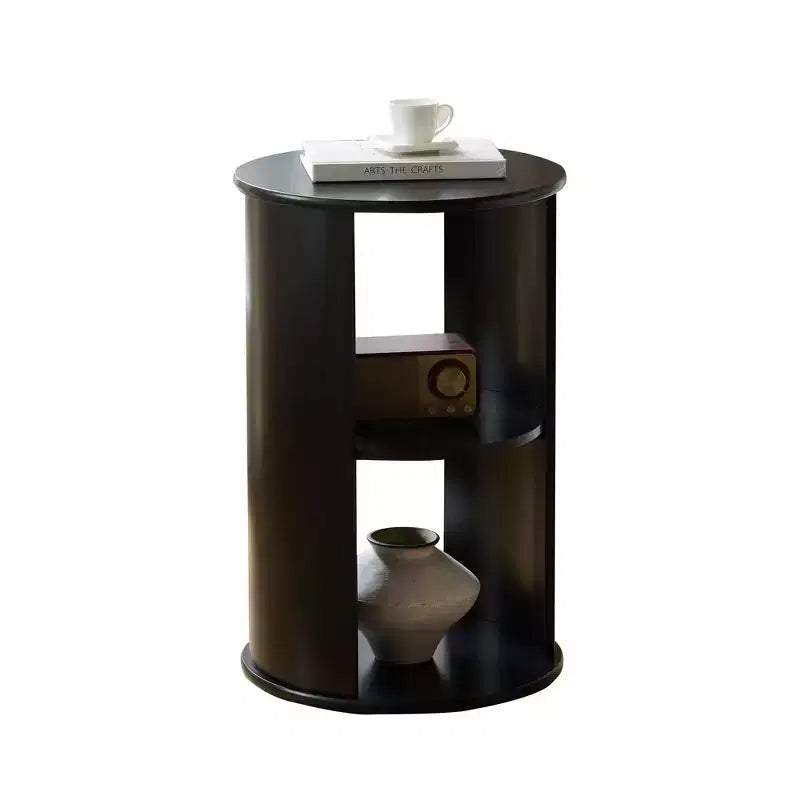 Round Side Table with Open Storage Shelves, Contemporary Wood Accent Table for Living Room