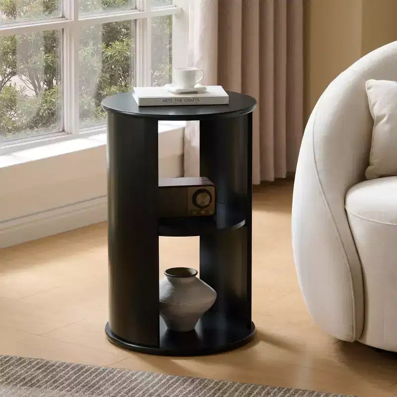 Round Side Table with Open Storage Shelves, Contemporary Wood Accent Table for Living Room