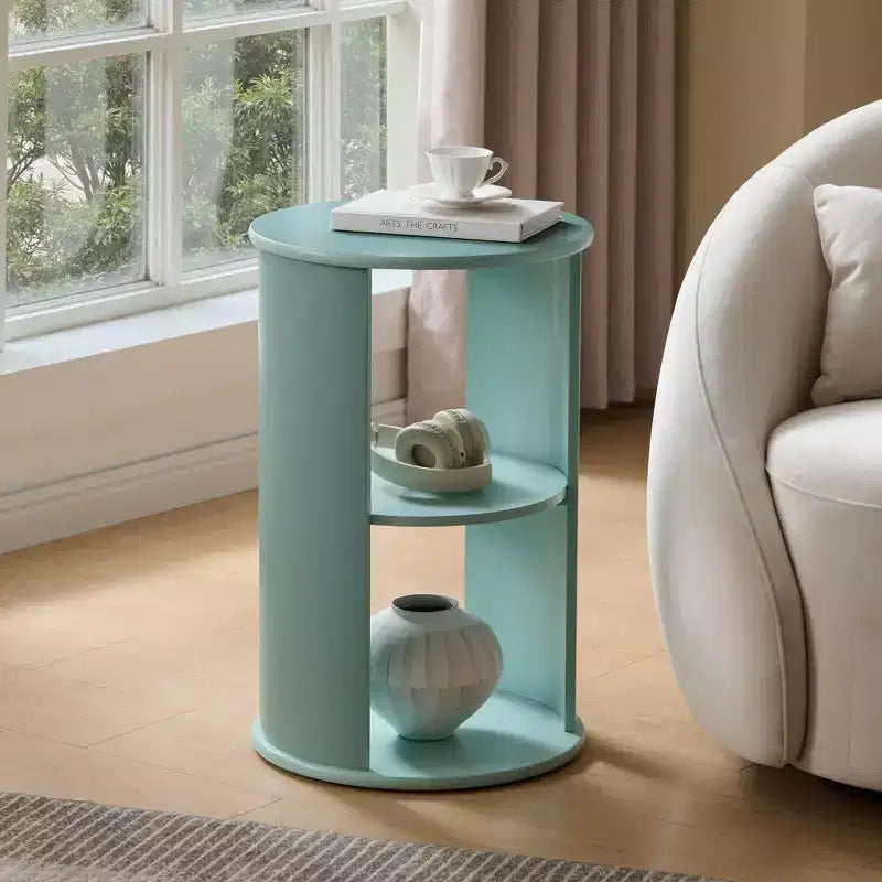 Round Side Table with Open Storage Shelves, Contemporary Wood Accent Table for Living Room