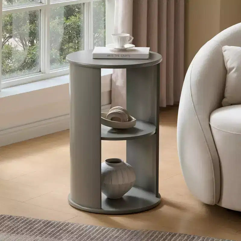 Round Side Table with Open Storage Shelves, Contemporary Wood Accent Table for Living Room
