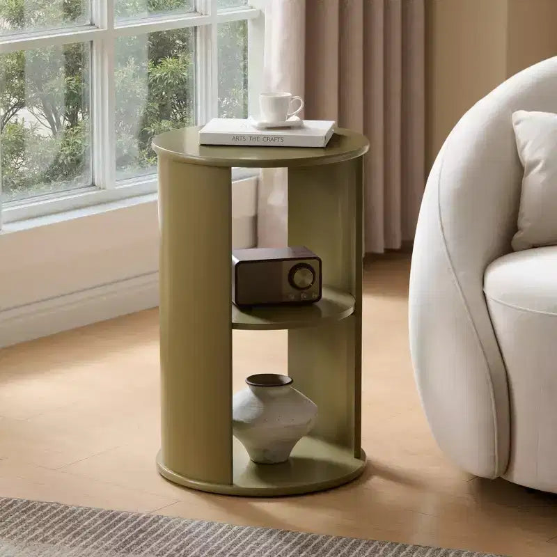 Round Side Table with Open Storage Shelves, Contemporary Wood Accent Table for Living Room
