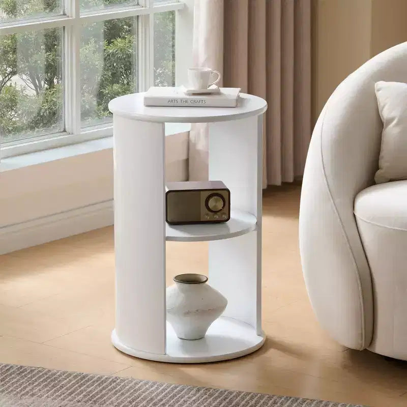 Round Side Table with Open Storage Shelves, Contemporary Wood Accent Table for Living Room