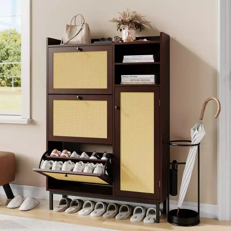 Freestanding Rattan Shoe Cabinet with 3 Flip Drawers & 5 Shelves, Space-Saving Shoe Storage Organizer for Entryway or Hall