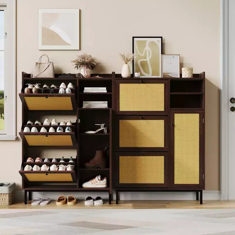 Freestanding Rattan Shoe Cabinet with 3 Flip Drawers & 5 Shelves, Space-Saving Shoe Storage Organizer for Entryway or Hall