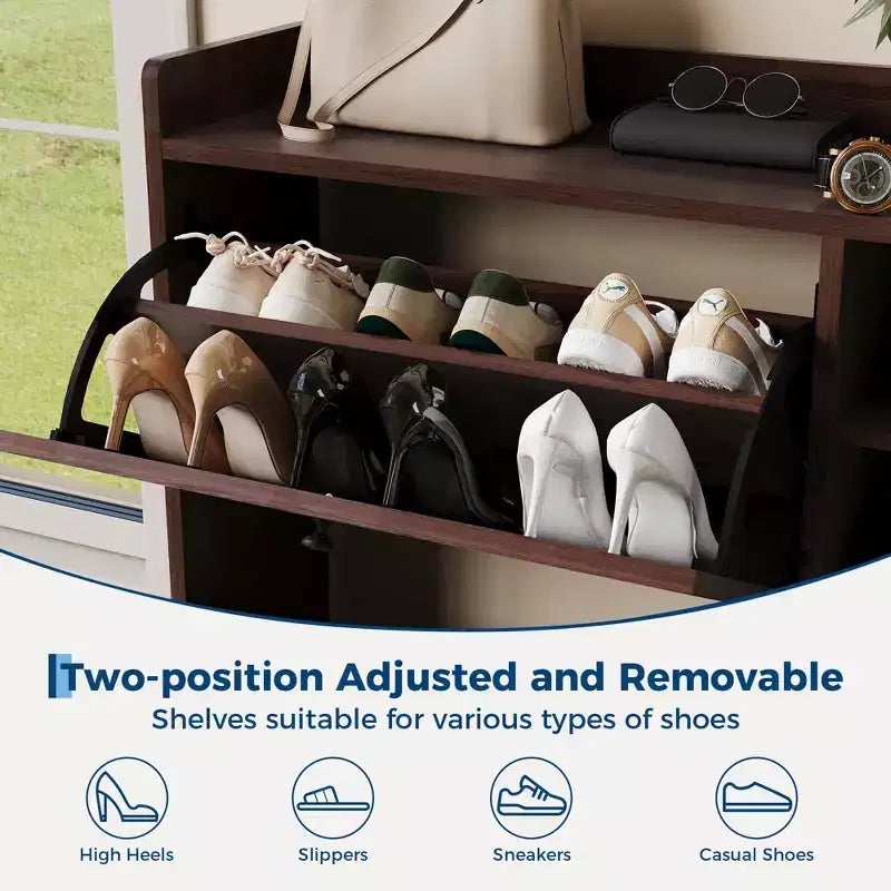 Freestanding Rattan Shoe Cabinet with 3 Flip Drawers & 5 Shelves, Space-Saving Shoe Storage Organizer for Entryway or Hall