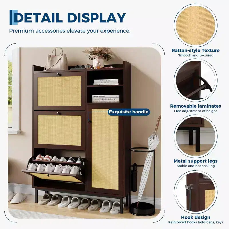 Freestanding Rattan Shoe Cabinet with 3 Flip Drawers & 5 Shelves, Space-Saving Shoe Storage Organizer for Entryway or Hall