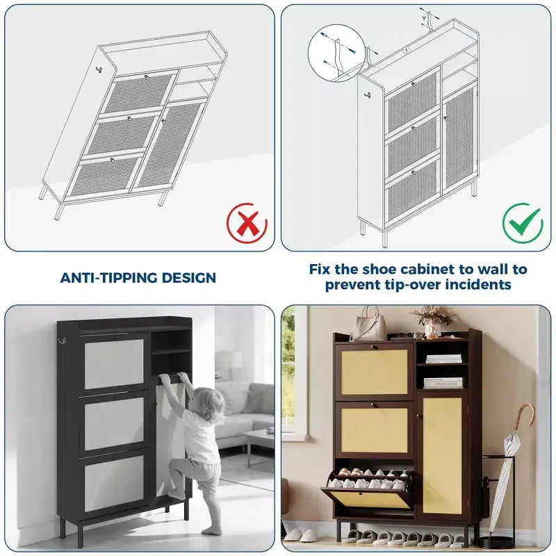 Freestanding Rattan Shoe Cabinet with 3 Flip Drawers & 5 Shelves, Space-Saving Shoe Storage Organizer for Entryway or Hall