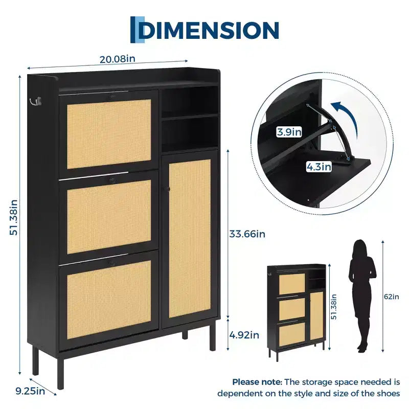 Freestanding Rattan Shoe Cabinet with 3 Flip Drawers & 5 Shelves, Space-Saving Shoe Storage Organizer for Entryway or Hall