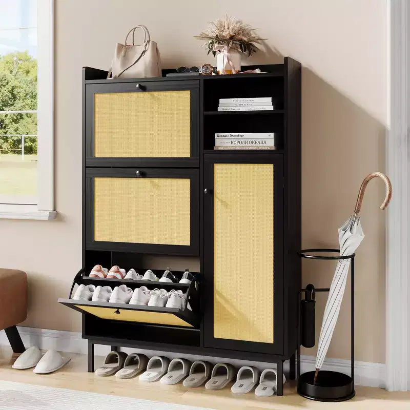 Freestanding Rattan Shoe Cabinet with 3 Flip Drawers & 5 Shelves, Space-Saving Shoe Storage Organizer for Entryway or Hall