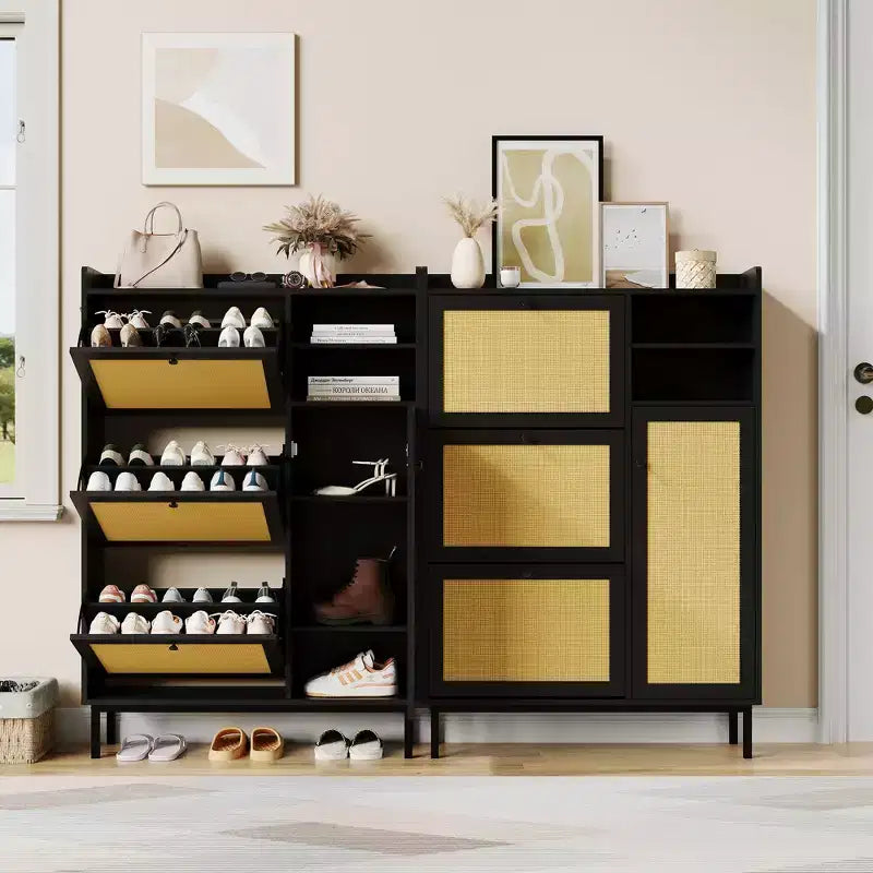 Freestanding Rattan Shoe Cabinet with 3 Flip Drawers & 5 Shelves, Space-Saving Shoe Storage Organizer for Entryway or Hall