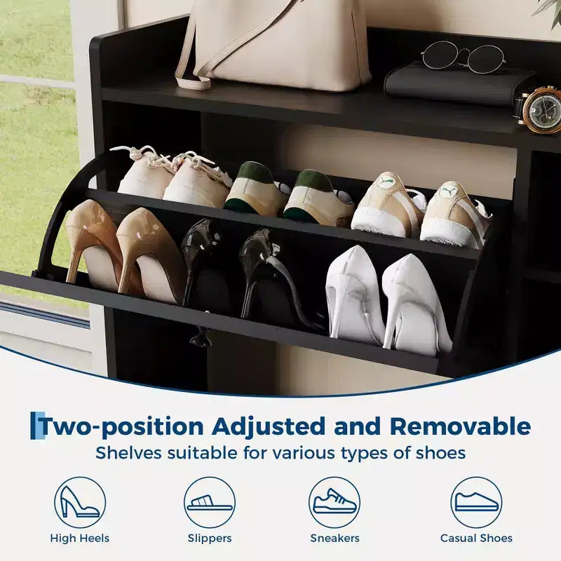 Freestanding Rattan Shoe Cabinet with 3 Flip Drawers & 5 Shelves, Space-Saving Shoe Storage Organizer for Entryway or Hall