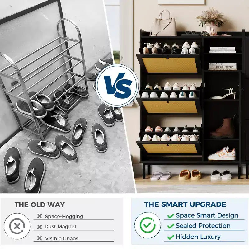 Freestanding Rattan Shoe Cabinet with 3 Flip Drawers & 5 Shelves, Space-Saving Shoe Storage Organizer for Entryway or Hall