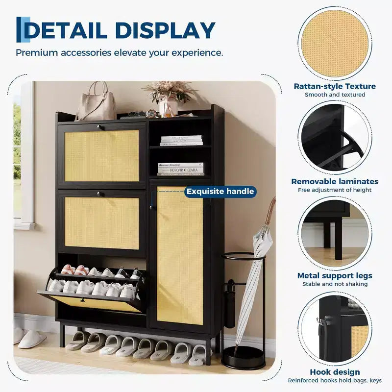 Freestanding Rattan Shoe Cabinet with 3 Flip Drawers & 5 Shelves, Space-Saving Shoe Storage Organizer for Entryway or Hall