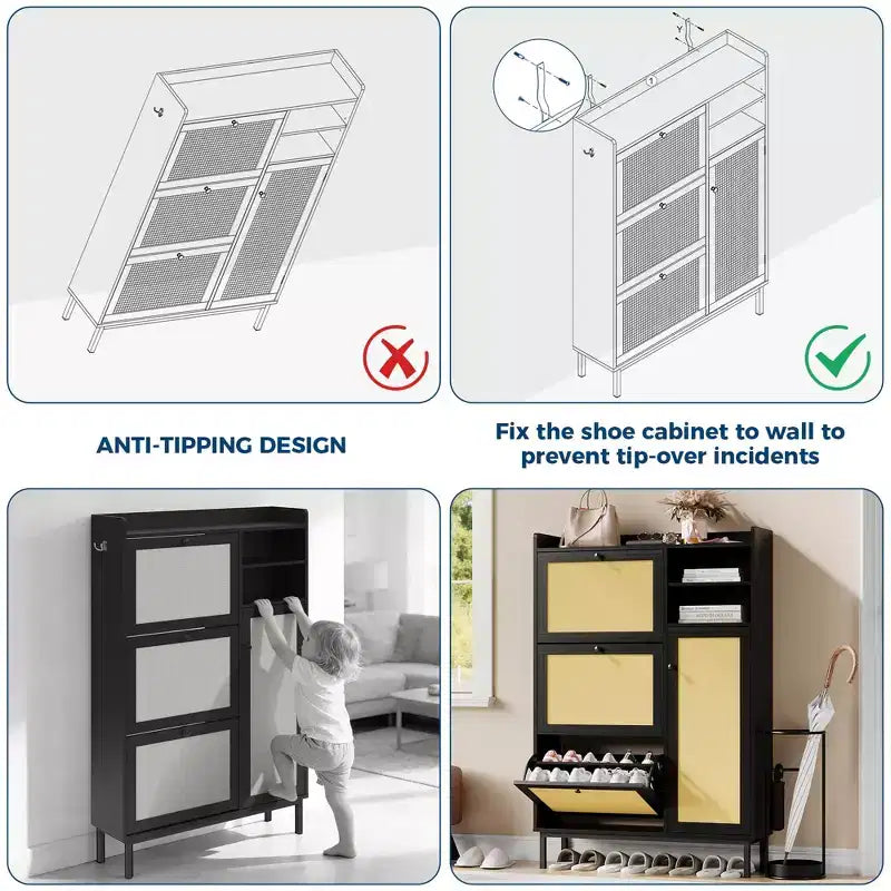 Freestanding Rattan Shoe Cabinet with 3 Flip Drawers & 5 Shelves, Space-Saving Shoe Storage Organizer for Entryway or Hall