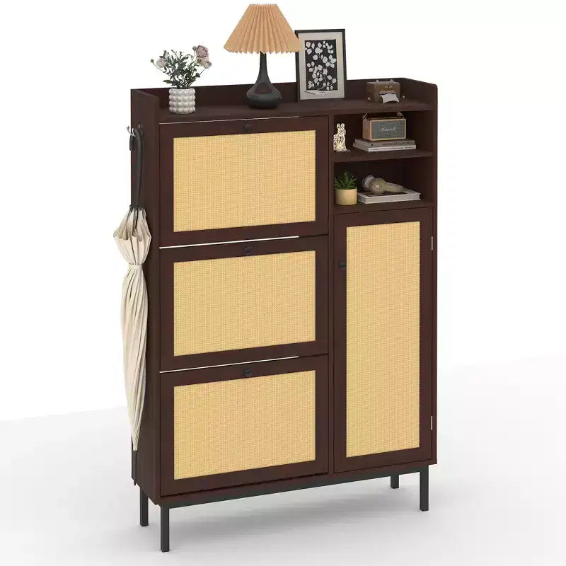 Freestanding Rattan Shoe Cabinet with 3 Flip Drawers & 5 Shelves, Space-Saving Shoe Storage Organizer for Entryway or Hall