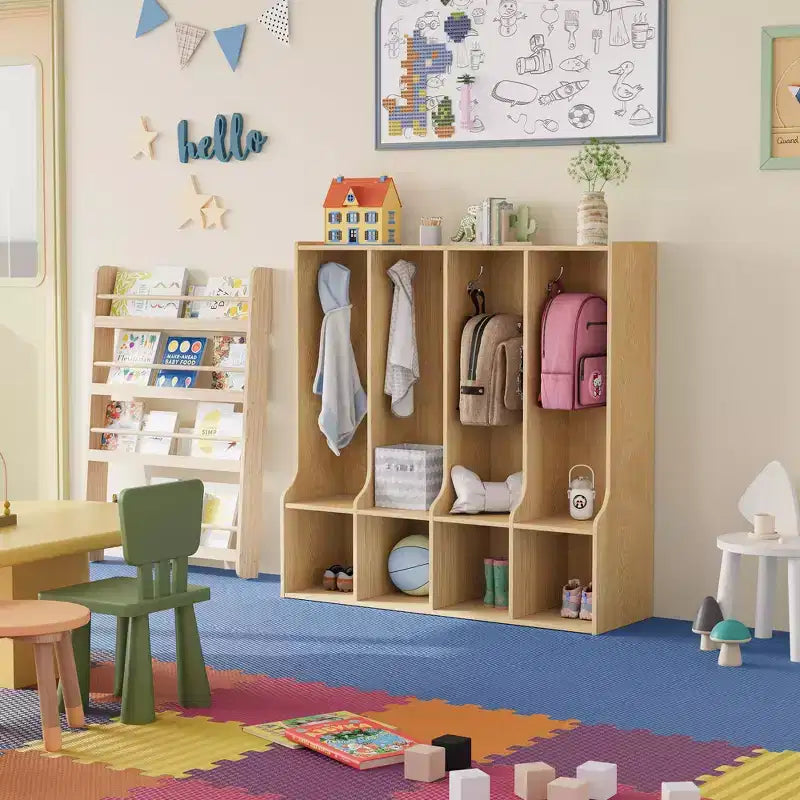 4-Section Classroom Coat Locker with 8 Hooks & 4 Cubbies,Versatile Storage Organizer for Home, School, Nursery, Kindergarten