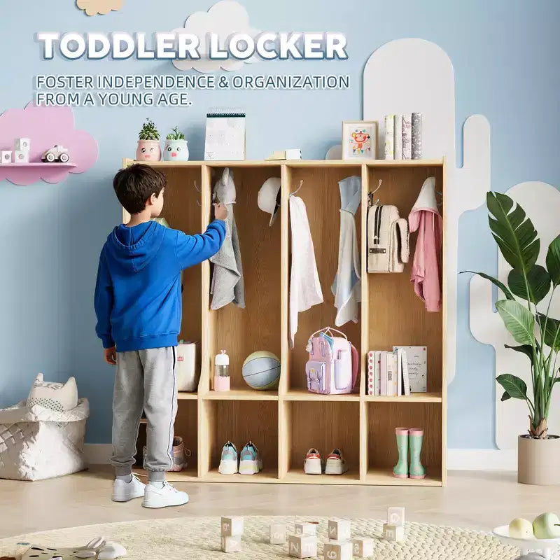 4-Section Classroom Coat Locker with 8 Hooks & 4 Cubbies,Versatile Storage Organizer for Home, School, Nursery, Kindergarten