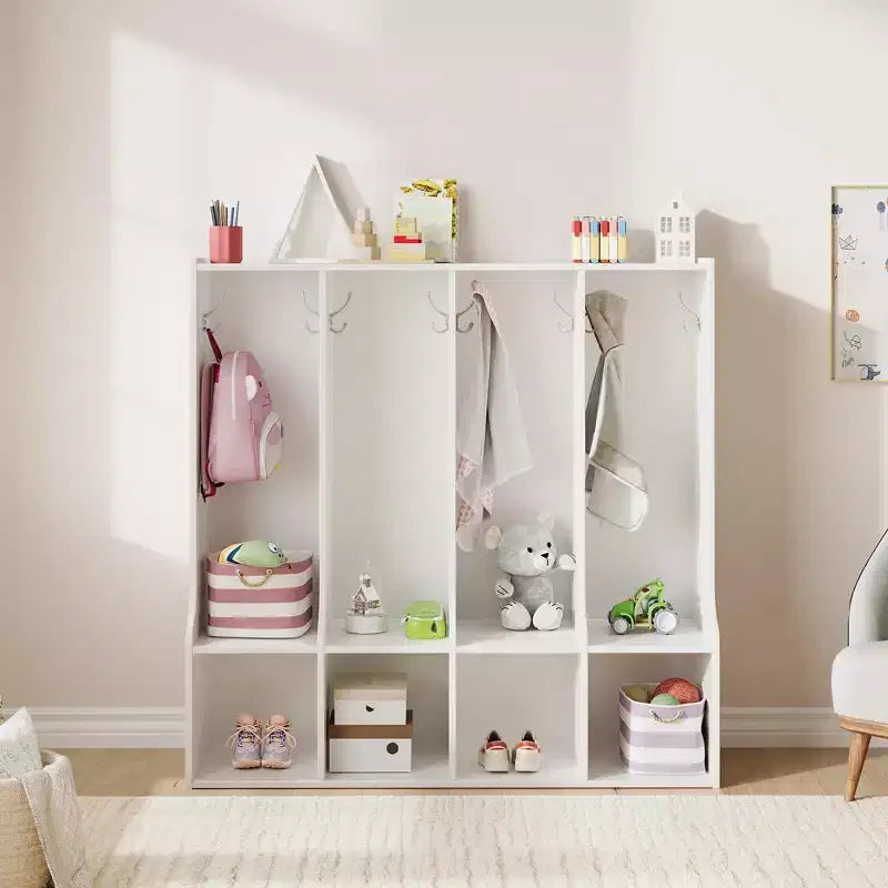 4-Section Classroom Coat Locker with 8 Hooks & 4 Cubbies,Versatile Storage Organizer for Home, School, Nursery, Kindergarten